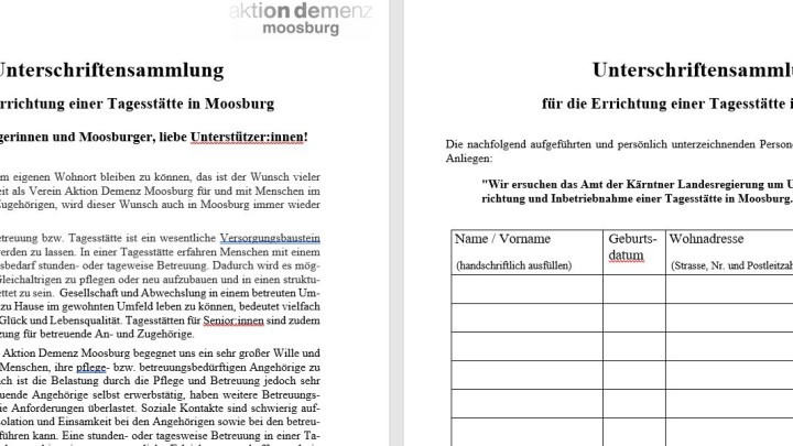Unterschriftensammlung des Vereins Aktion Demenz Moosburg