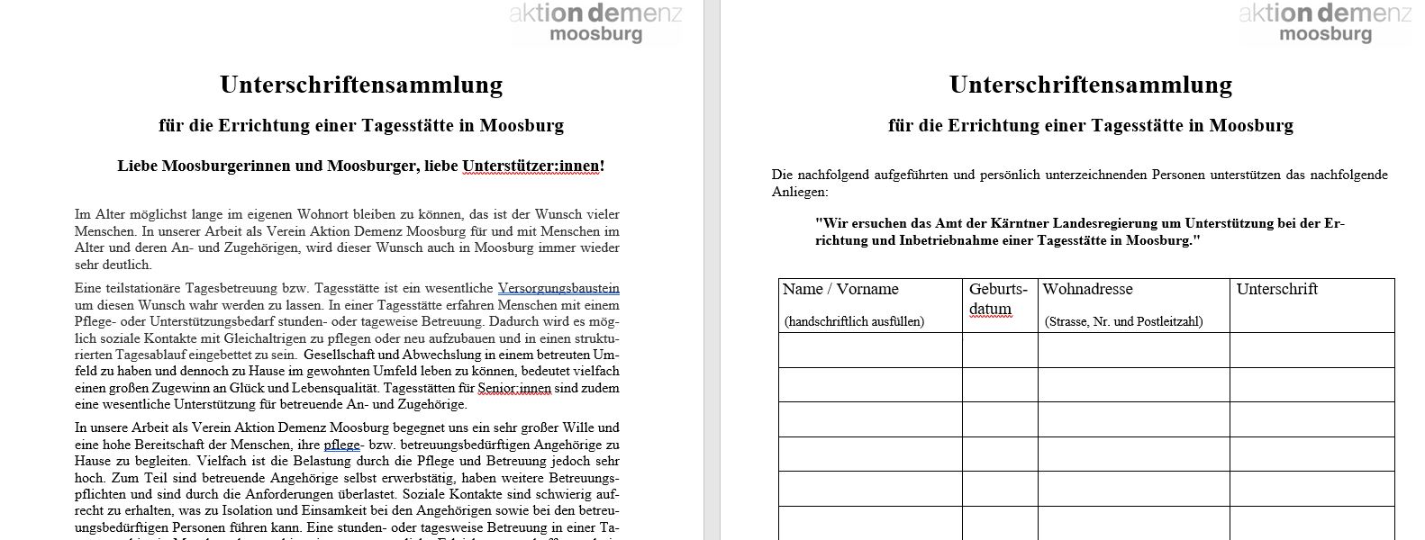 Unterschriftensammlung des Vereins Aktion Demenz Moosburg