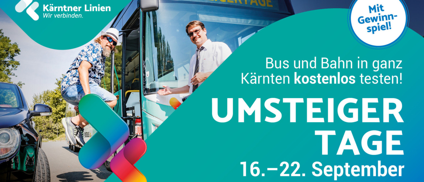 Busfahrer vor einem Bus, daneben ein hüpfender Gast.